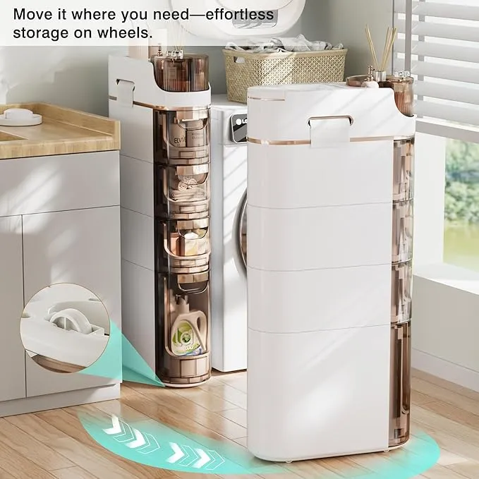 VECELO 4-Tier Slim Bathroom Storage Cabinet with Wheels, Skinny Bathroom Storage Cabinet with Drawers, Toilet Paper Holder, Movable Narrow Floor Cabinet for Small Space, Bathroom