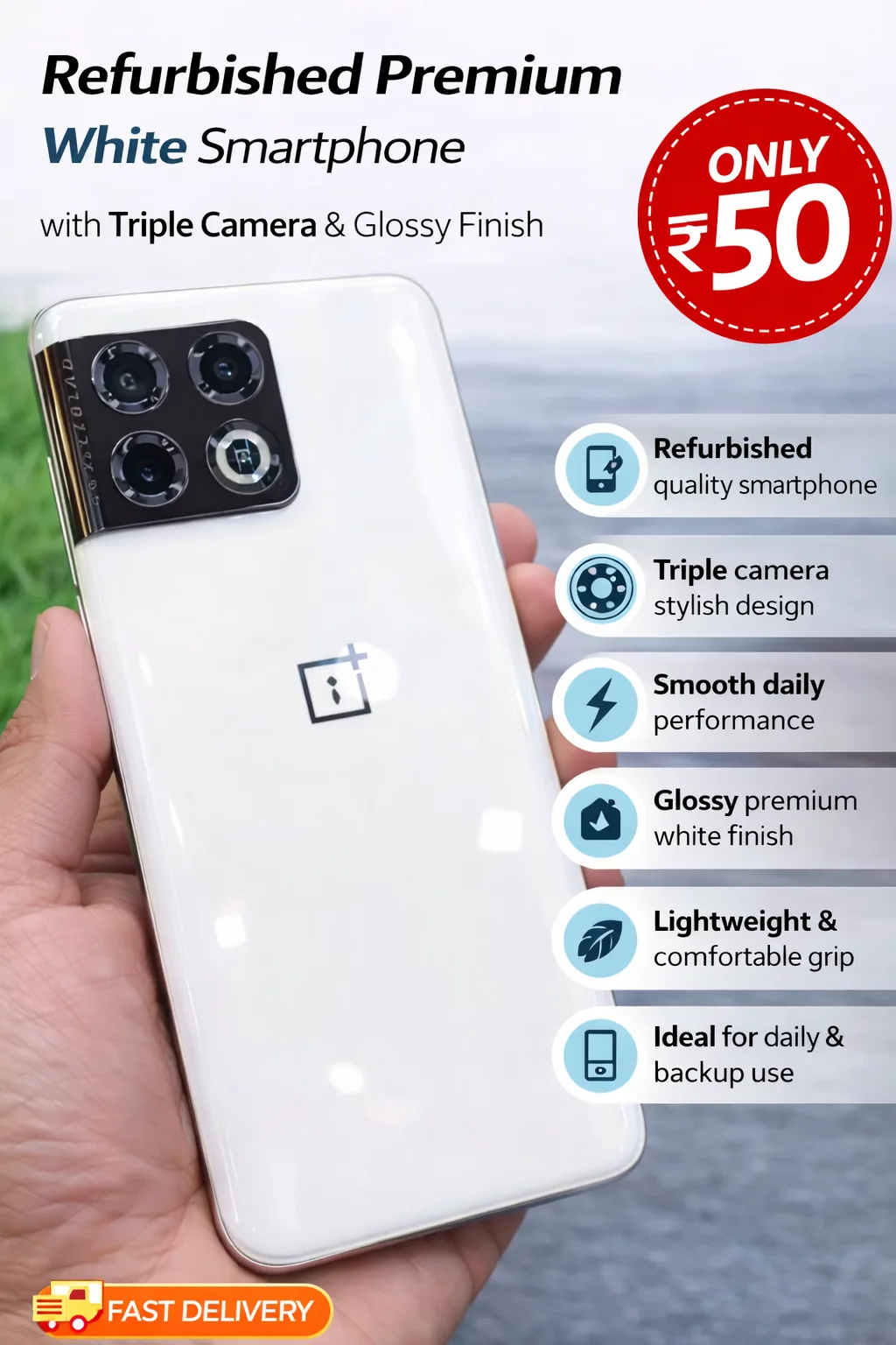 Refurbished Premium White Smartphone with Triple Camera & Glossy Finish)