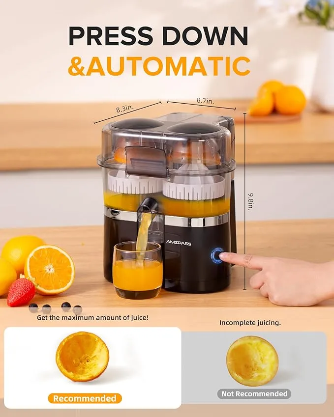 Electric Citrus Juicer with Two Heads, Lemon Squeezer with Power Cord and Cleaning Brush, 1 Button Automatic Juicer for Orange, Lemon and Lime, Easy to Clean