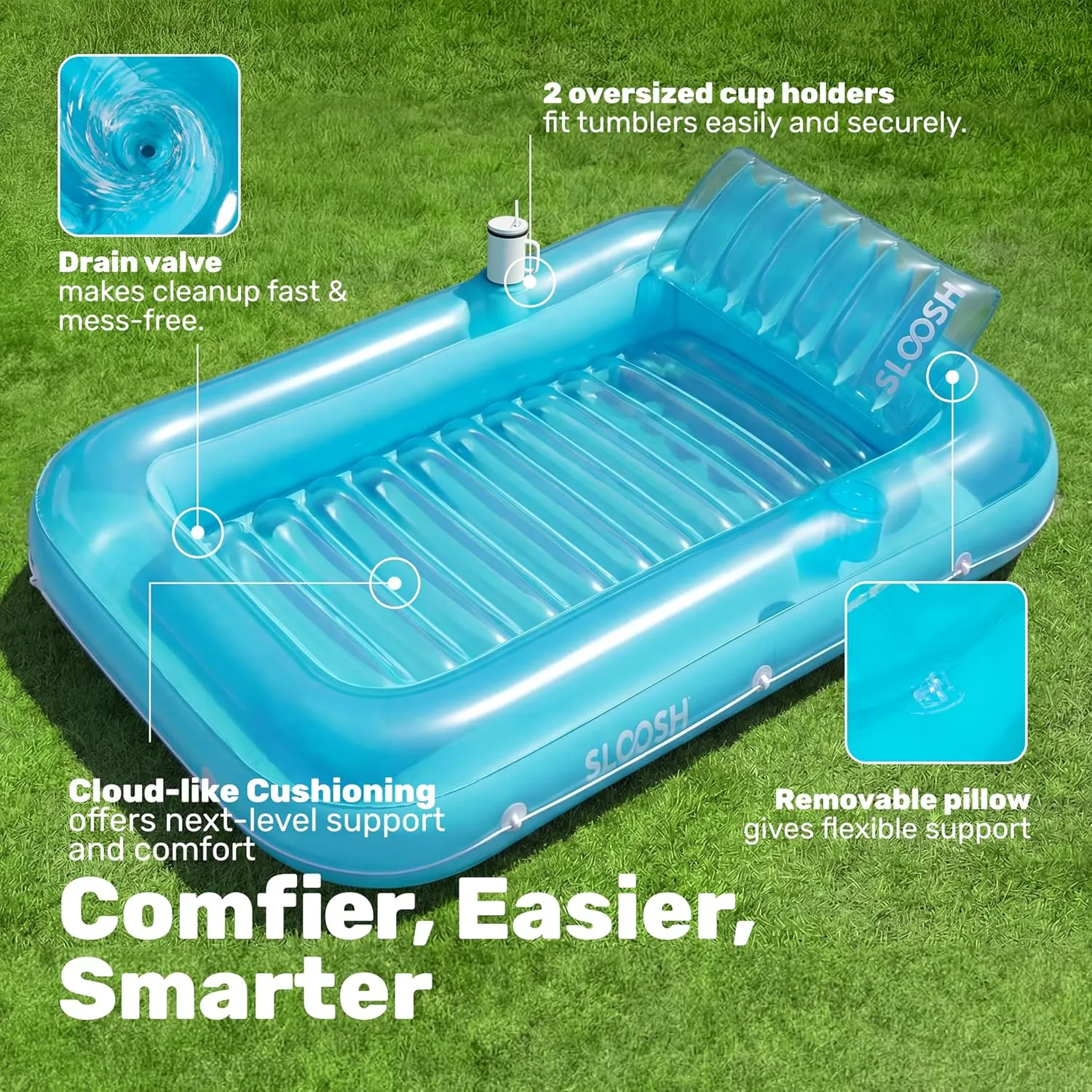 Sloosh Inflatable Tanning Pool Lounge Float, 85" x 57" Sun Tan Tub Adult Pool Floats Raft for Pool Sunbathing Suntan Blow up Pool Lounger Tanning Bed Floatie for Adult