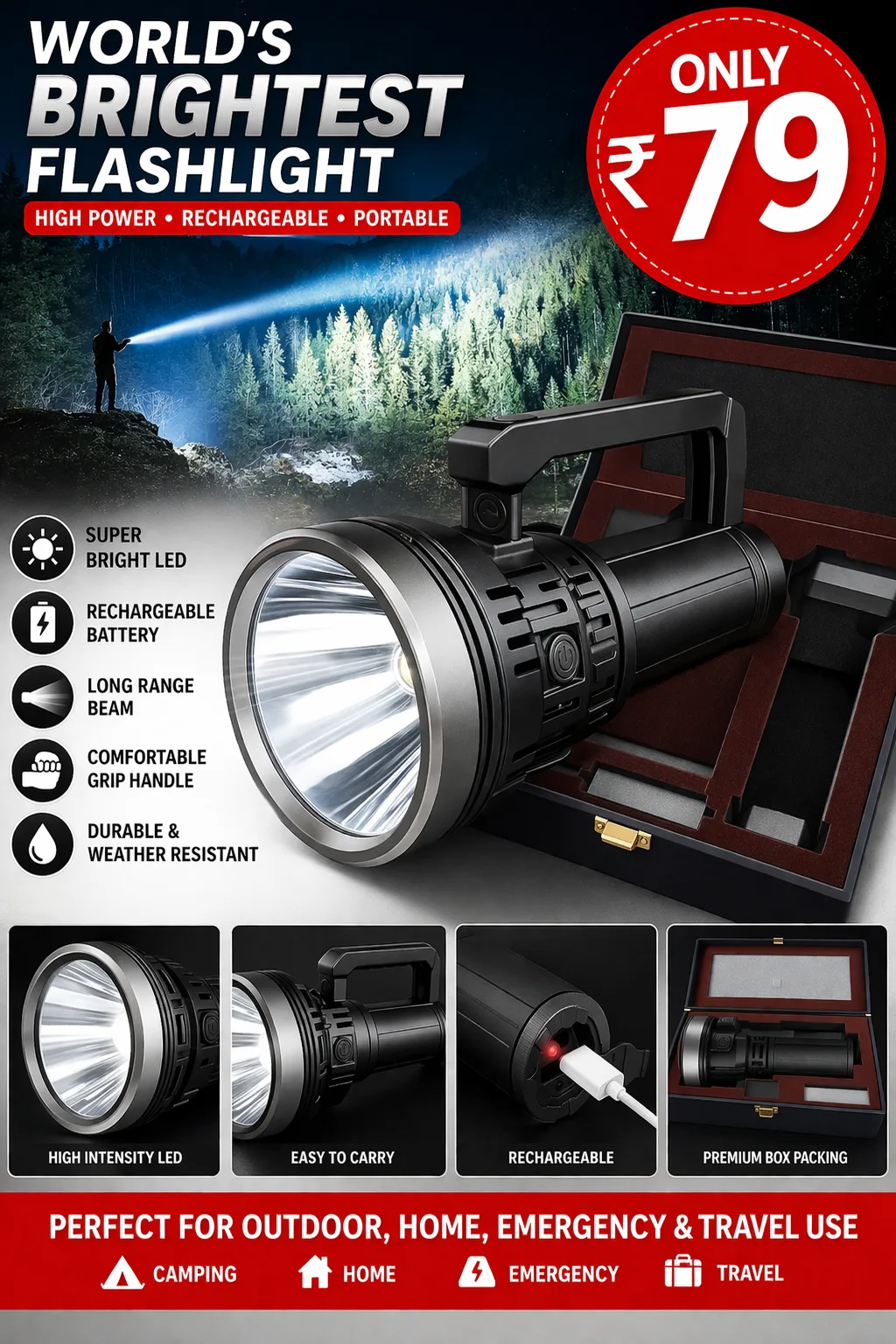 High Power Rechargeable LED Flashlight Torch