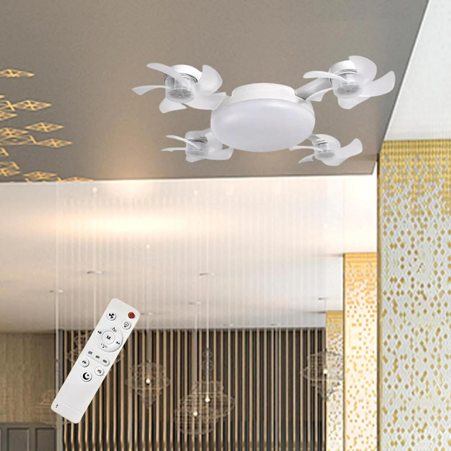 Ceiling Fan Light Remote Control Decor LED Light for Entryway Bedroom Indoor 4 Heads Fan 55cm