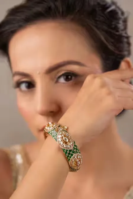 Emerald Green Kundan Pearl Bangle Set