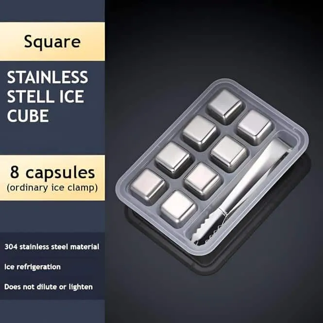 8 Metal Ice Cubes with Tongs & Storage Tray