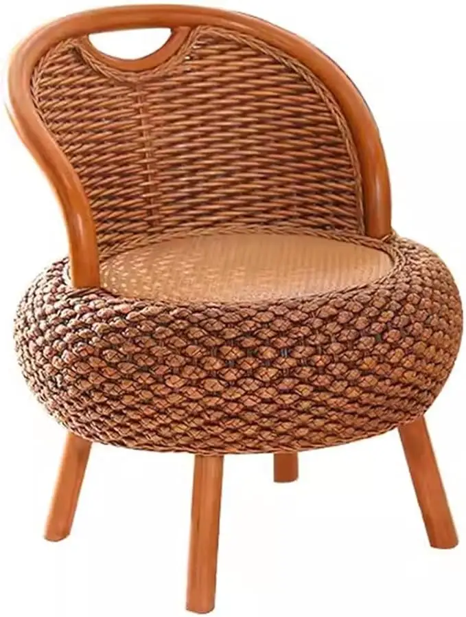 Retro Rattan Low Chair With Ergonomic Backrest, Japanese Farmhouse Style Tatami Lazy Chair Floor Round Seat Meditation Chair With Wooden Legs, For Home And Office Decoration