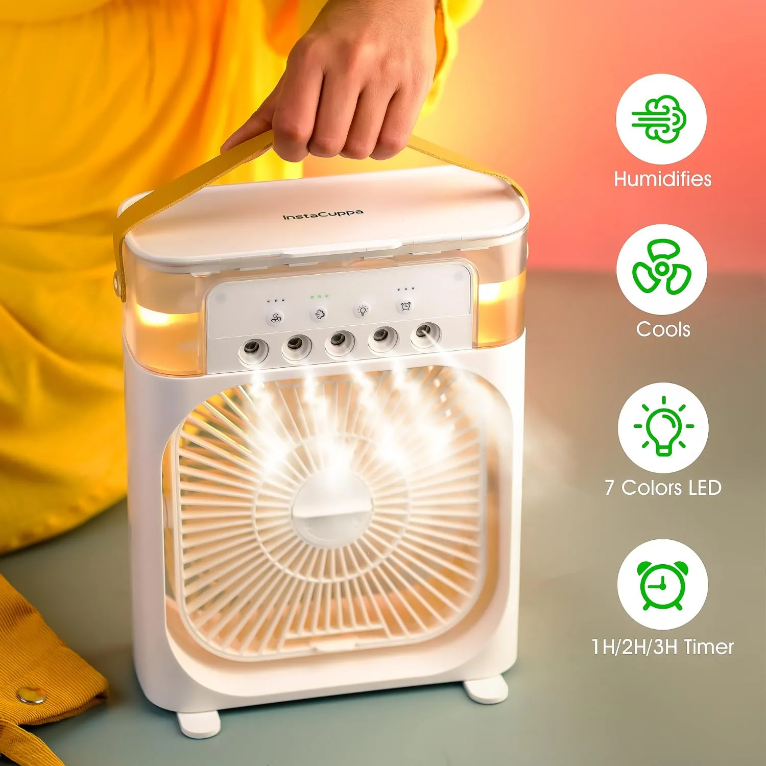 Portable Humidifier with Fan, 3 Adjustable Mist Settings, 3 Fan Speed, 7 Colors LED Light, Timer Function, USB Powered, 600 ML Water Tank, Ultrasonic Cool Mist Humidifier