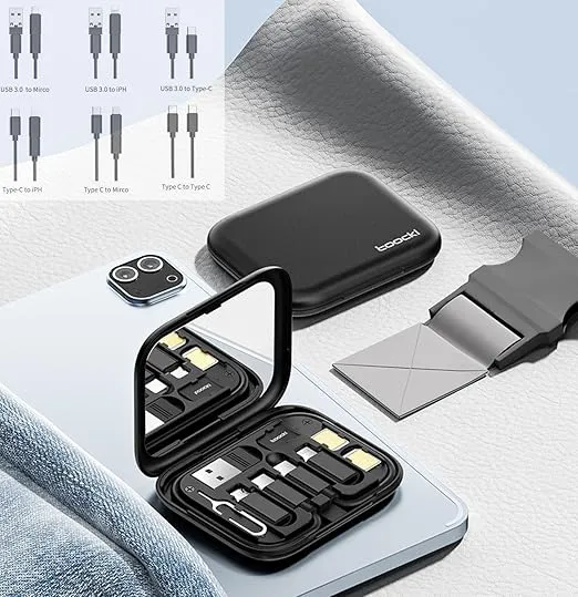 Portable 5-in-1 Multi-Cable Travel Kit with Storage Case, USB 3.0 and Type-C Compatible, 6 Charging Cables for iPhone, Micro USB, Type-C Devices, Black