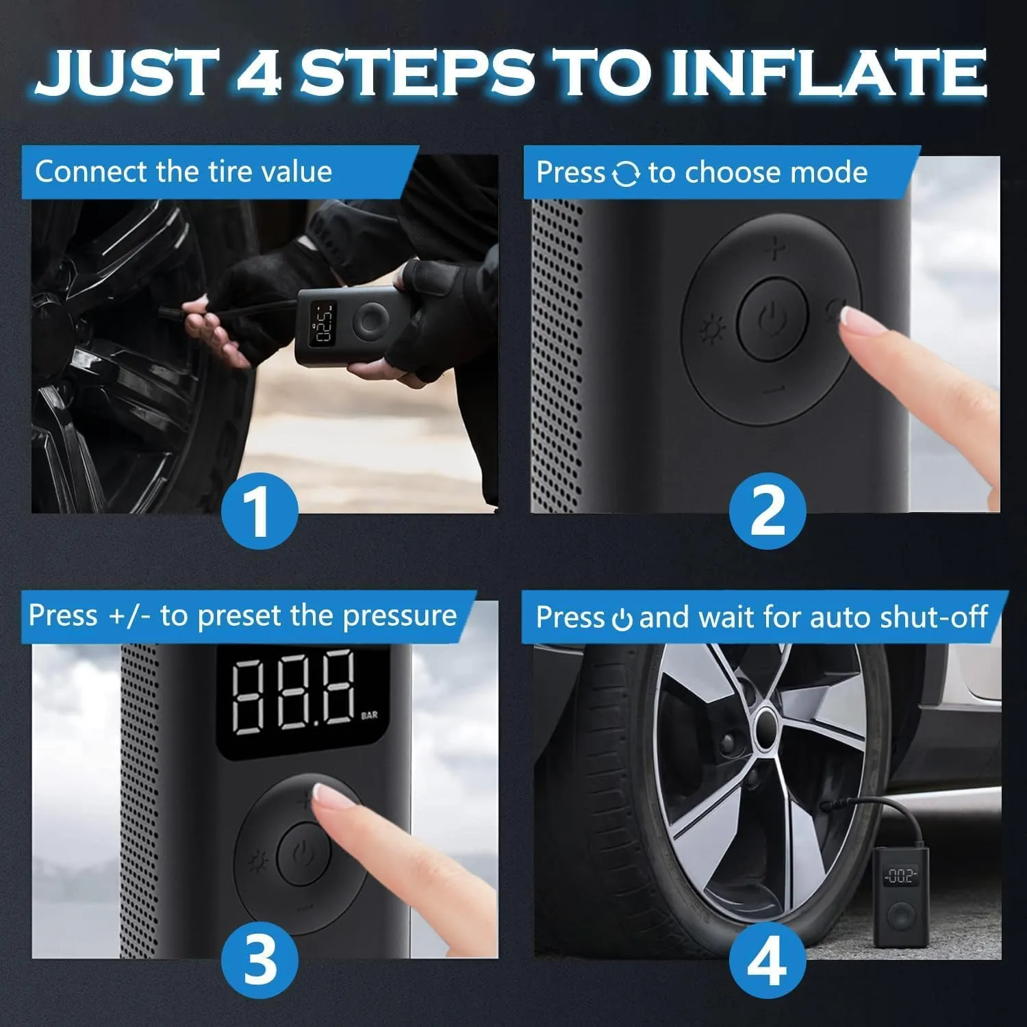 Tire Inflator Portable Air Compressor 150PSI Cordless Tire Inflator Air Pump for Car Tires with Tire Pressure Gauge,Cool Car Accessories,Smart Pump