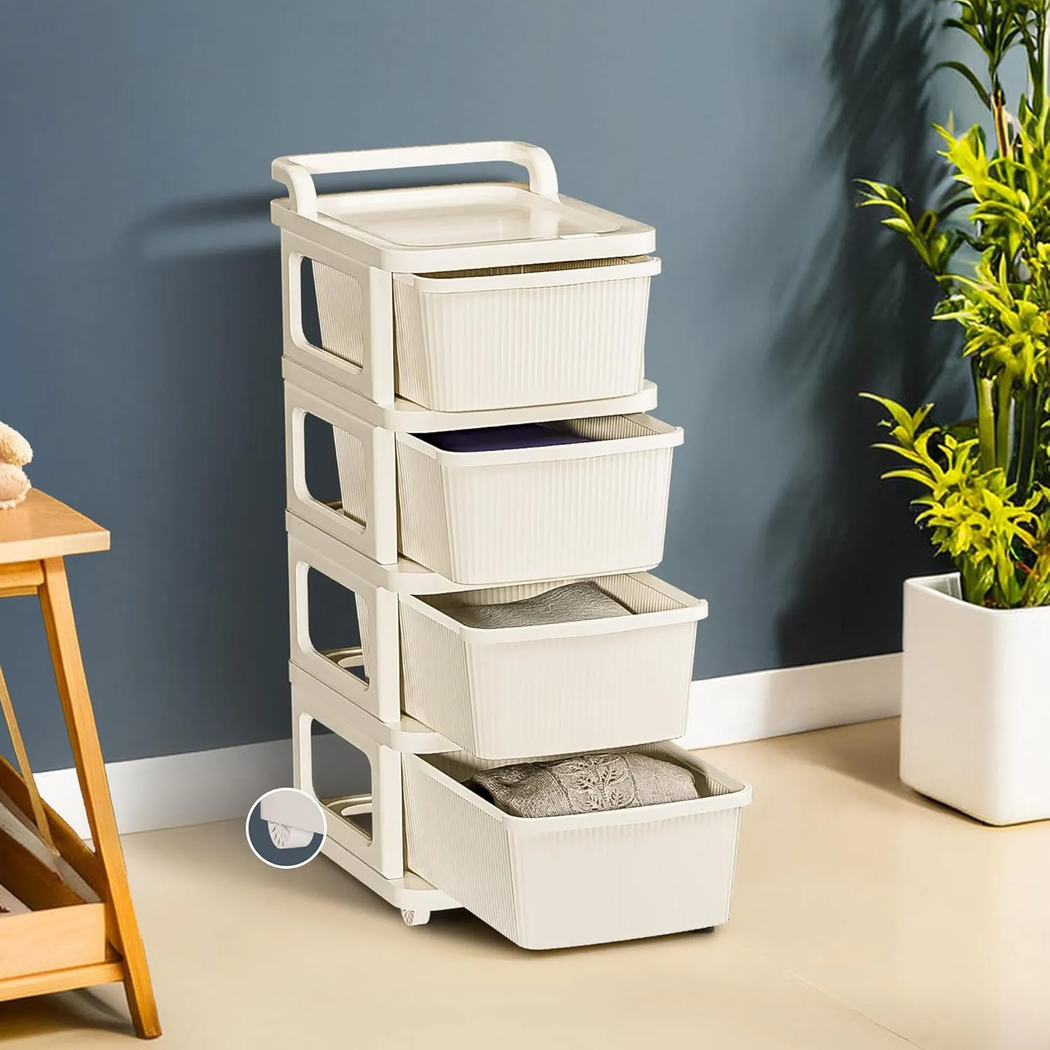 4 Layer Heavy Duty Plastic Storage Drawer with Wheels | Modular Cabinet for Bedroom, Office, Home | Chest of Drawers Organiser for Cosmetics, Kitchen items, Toys Storage