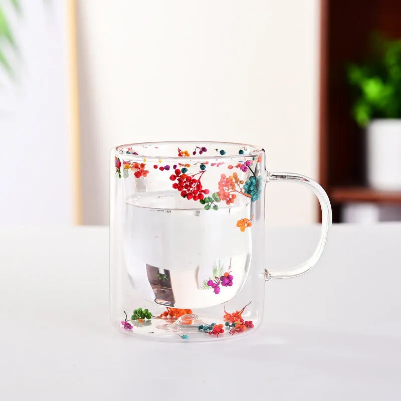 Handcrafted Double Wall Floral Glass Tea & Coffee Mug