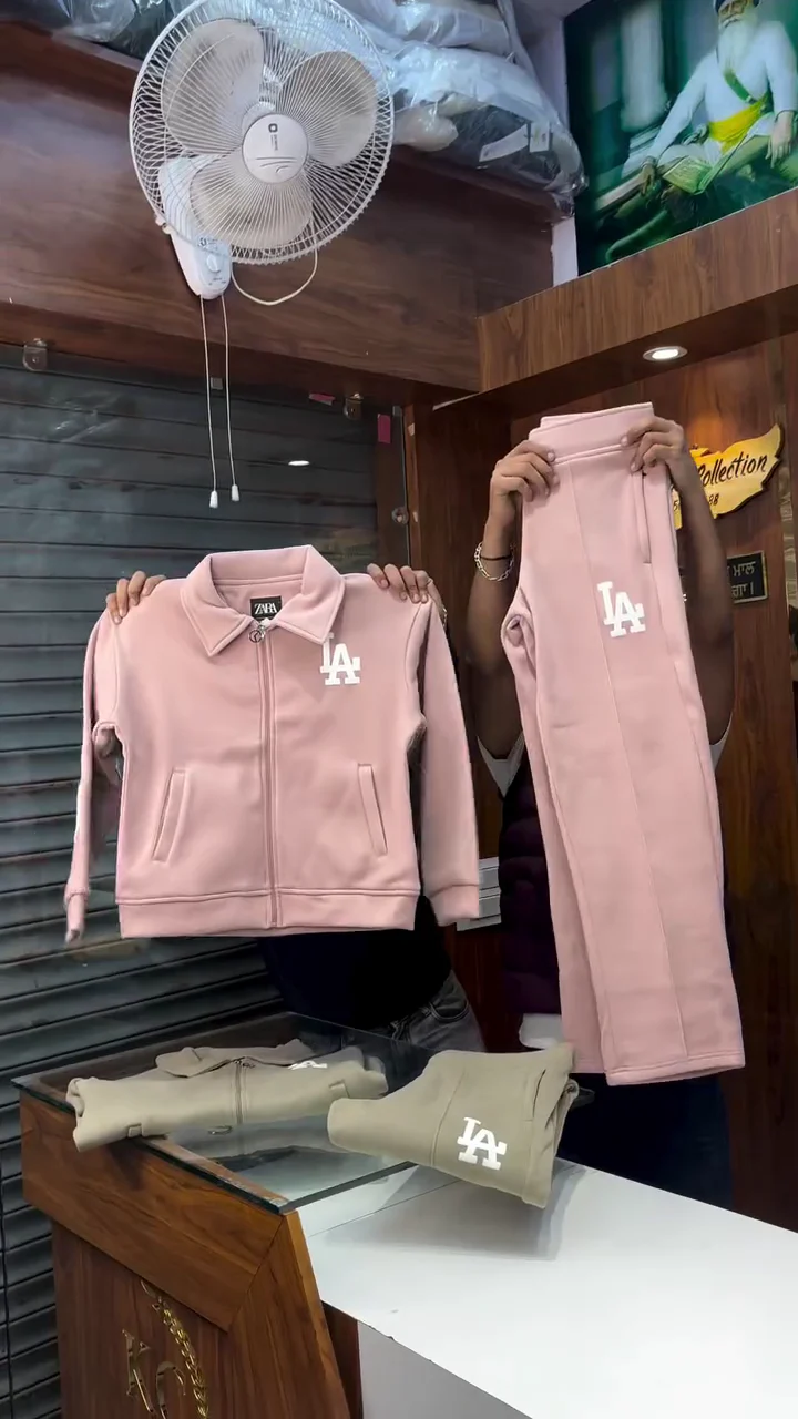 LA Print Tracksuit Sets 🧥 Matching Zip Jackets & Joggers – Beige & Pink Variants