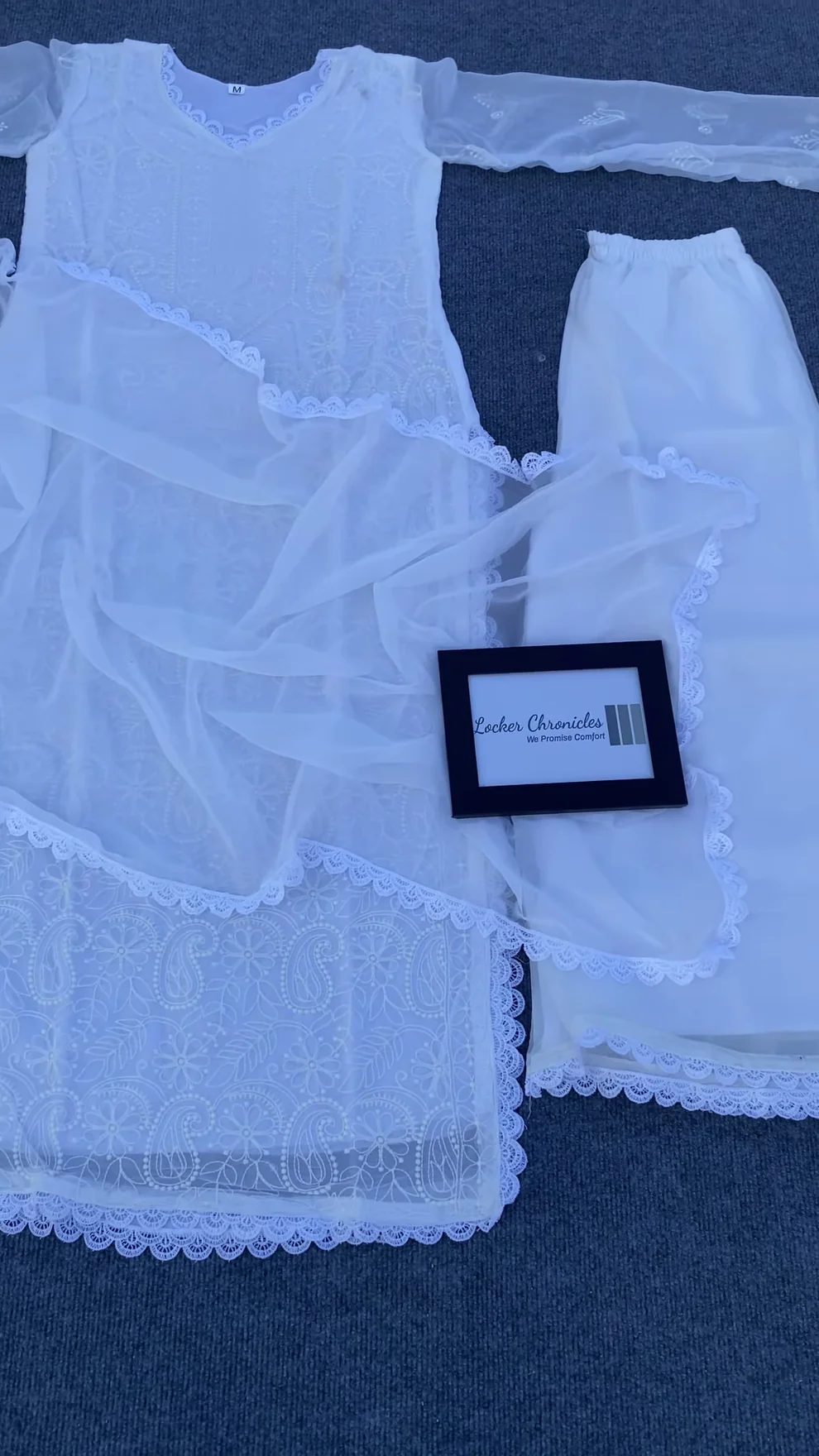 Elegant White Georgette Embroidered Kurti Set with Lace Trim and Dupatta